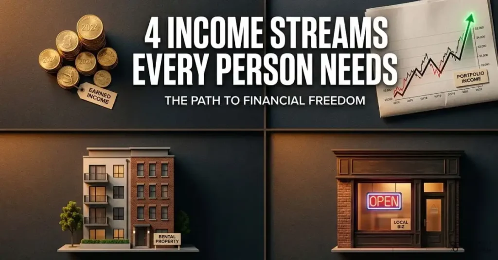 A cinematic, high-contrast flat-lay overhead shot of four distinct visual metaphors arranged in a 2x2 grid on a dark charcoal surface: a gold coin stack (earned income), a rising stock chart printed on premium paper (portfolio income), a miniature rental property model (passive income), and a small storefront with a glowing open sign (business income). Each section is subtly lit with warm amber light. Bold white sans-serif text overlaid reads: "4 Income Streams Every Person Needs". The overall mood is aspirational, modern, and editorial — evoking wealth, clarity, and financial control. Shot style: financial magazine cover, ultra-sharp, 16:9 aspect ratio.