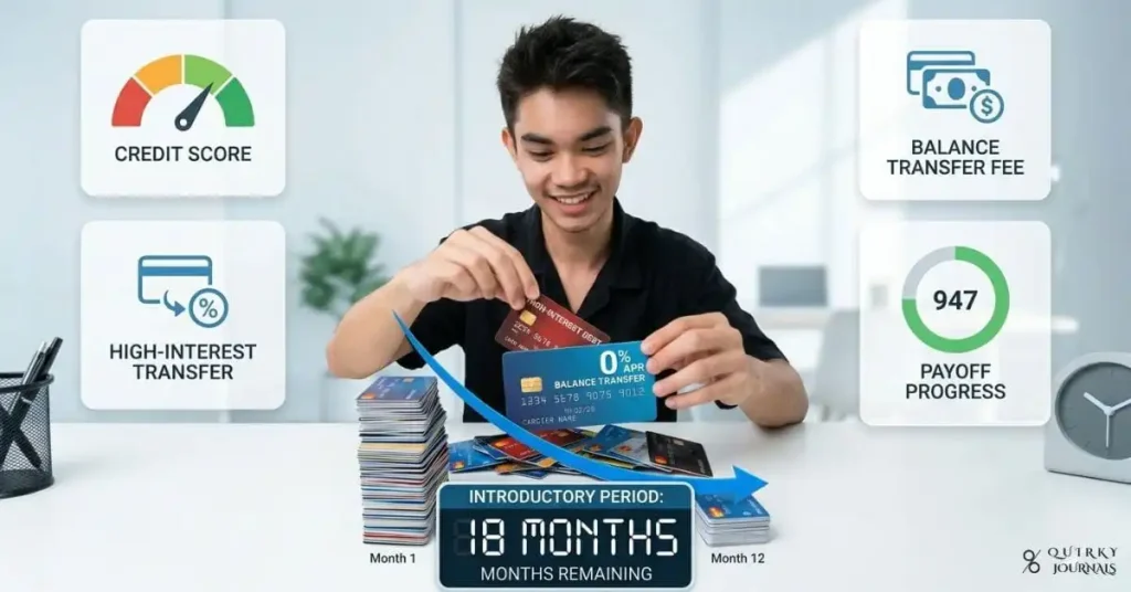 A clean, high-impact financial illustration showing a person moving a pile of high-interest credit card balances onto a new card labeled “0% APR,” with a bright timer counting down an introductory period and arrows showing debt shrinking month by month. In the background, subtle icons for transfer fees, credit scores, and payoff progress appear beside a calm, uncluttered dashboard. Modern editorial style with blue, green, and white tones plus a bold accent color for urgency, 16:9 aspect ratio, ideal as a blog header for an article on the best balance transfer credit cards of 2026.