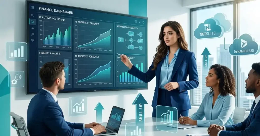 A modern corporate illustration of a finance team in a bright digital workspace, with a CFO leading a meeting around a large screen showing dashboards, automation workflows, and AI-assisted forecasts. Include subtle visual cues like data icons, upskilling arrows, and cloud-based ERP tools floating around the team, suggesting transformation and learning. Clean, high-end editorial style with blue, teal, and white tones, 16:9 aspect ratio, suitable as a blog header for an article about modernising finance talent for a tech-first era.