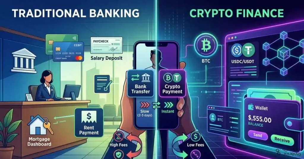 A split-screen editorial illustration showing two financial worlds side by side: on the left, a traditional bank branch with cards, salary deposits, rent payments, and a mortgage dashboard; on the right, a sleek crypto interface with Bitcoin, stablecoins, blockchain nodes, and a digital wallet. In the center, a consumer holds a smartphone with a choice between “Bank Transfer” and “Crypto Payment,” while arrows and subtle icons indicate speed, volatility, fees, and regulation. Clean, modern style with blue and green bank tones contrasted against neon purple crypto accents, 16:9 aspect ratio, suitable as a blog header for an article comparing crypto and traditional banking.