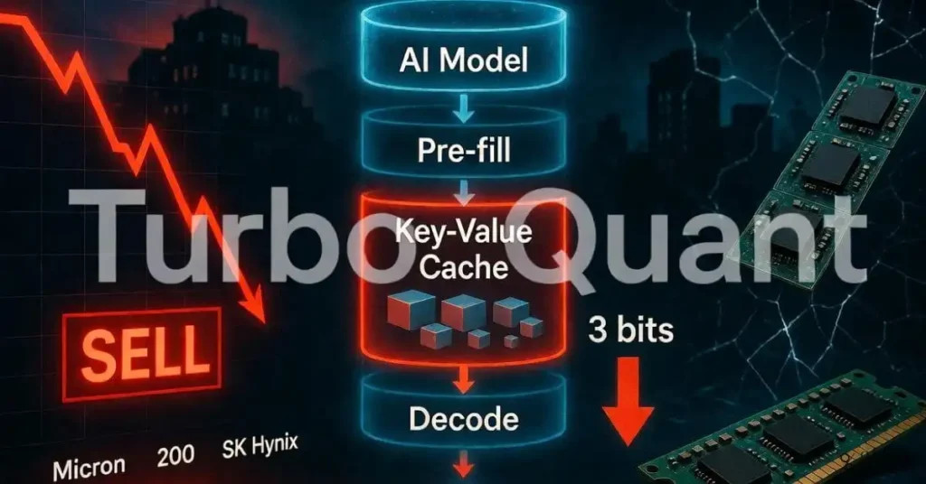 A dramatic financial-tech illustration showing a glowing AI model pipeline in the center, with the key-value cache highlighted as shrinking from large memory blocks into tiny compressed cubes labeled “3 bits.” On the left, a stock market chart for memory chip companies plunges sharply in red, while on the right, chip packages and RAM modules appear cracked or fading into the background. A subtle Google-style research lab silhouette and a headline overlay reading “TurboQuant” create a sense of shock and breakthrough. High-contrast, cinematic lighting, red and blue color palette, 16:9 aspect ratio, ideal as a blog header for an article about the Google TurboQuant memory market sell-off.