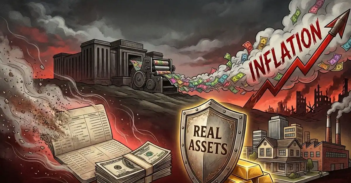 A symbolic illustration of a household’s finances under war stress: a savings book and cash stack fading into dust on the left, while on the right, physical assets like gold bars, real estate, and a factory remain solid behind a shield labeled “real assets.” In the background, government buildings and a printing press emit clouds of inflated currency notes, and a rising inflation arrow overlays a war‑zone skyline. Moody, high‑contrast style with deep reds, grays, and gold accents, 16:9 aspect ratio, ideal as a chapter header image for “Why Savings Get Destroyed Faster Than Assets” in a war‑economy book.