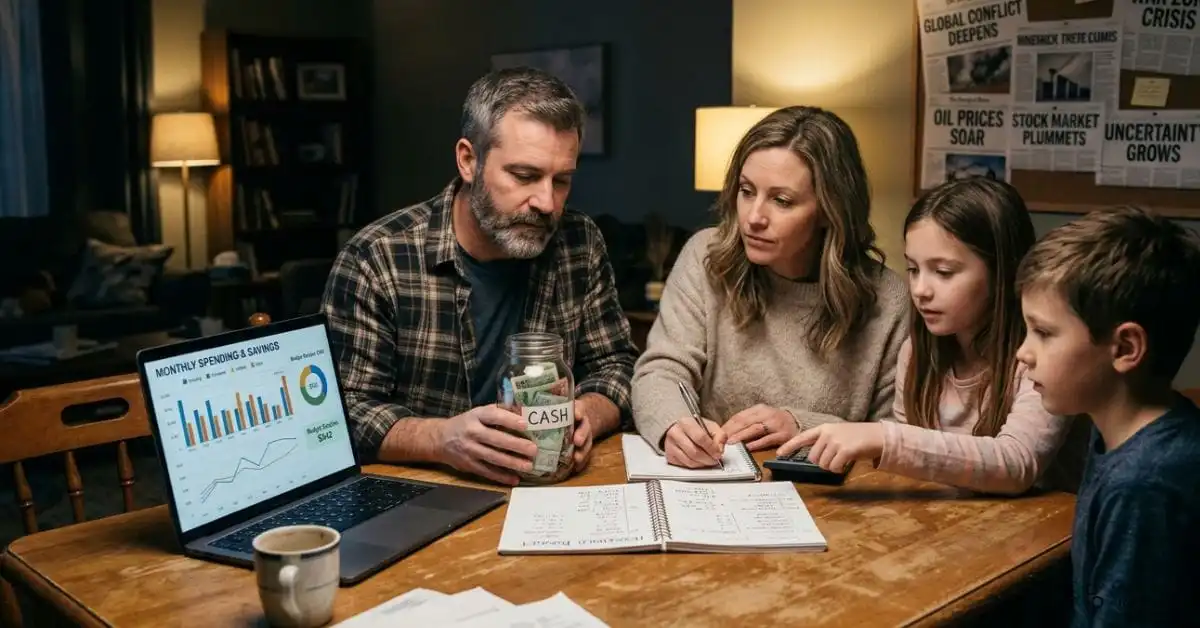 A family sitting around a kitchen table with a household budget notebook, a jar of cash, and a laptop showing financial charts — warm indoor lighting contrasts with a muted, tense background showing newspaper headlines about global conflict. The mood is calm determination amid uncertainty. Style: cinematic photorealism, shallow depth of field, muted earth tones with soft golden light. Aspect ratio: 16:9.