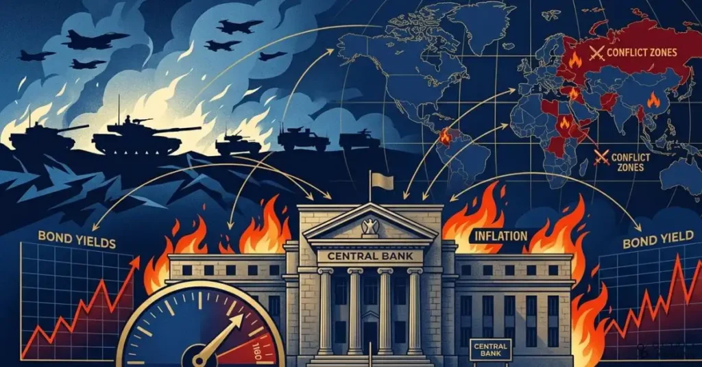 A dramatic editorial-style illustration of a central bank building in the foreground, with an interest rate dial, bond yield charts, and inflation flames rising around it. In the background, silhouettes of wartime machinery, military convoys, and a world map with conflict zones suggest how armed conflict pressures monetary policy. Clean but intense visual design, deep blue, gold, and red accents, 16:9 aspect ratio, ideal as a blog header for an article on war economy, interest rates, and central bank policy.