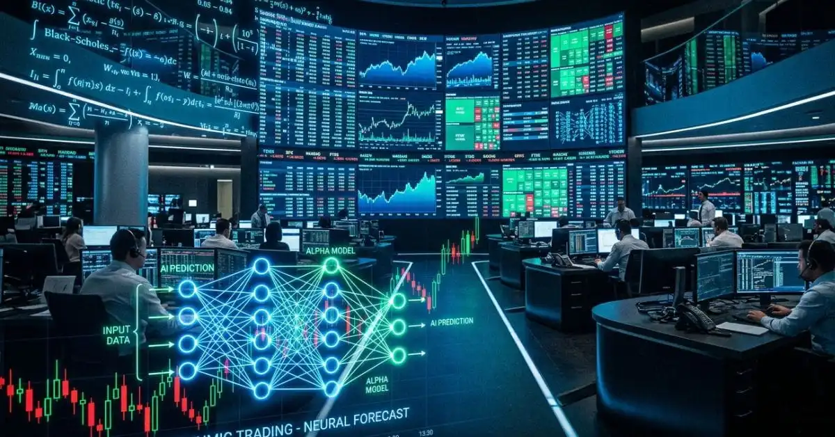 A sleek, ultra-modern trading floor bathed in cool blue and electric green lighting, with towering curved monitors displaying cascading financial data, mathematical equations, and real-time stock charts. In the foreground, a glowing neural network diagram merges with stock market candlestick patterns. The atmosphere is high-tech and cinematic, evoking precision, machine intelligence, and Wall Street power. Style: photorealistic digital art, dramatic depth of field, dark background with neon data highlights. Aspect ratio: 16:9.