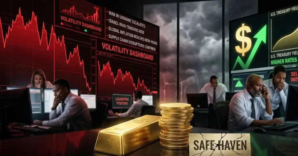 A cinematic financial illustration of a gold bar and gold coin stack sitting in the foreground while red market charts and a volatility dashboard flash behind it. In the background, a stormy geopolitical scene with headlines about war and inflation contrasts with a rising U.S. dollar symbol and Treasury yield curve, suggesting that gold is falling despite panic. Include subtle sell-off cues like traders liquidating positions and a cracked “safe haven” label. Dramatic, high-contrast lighting with gold, black, and deep red tones, 16:9 aspect ratio, suitable as a blog header for an article about why gold prices are falling in 2026.