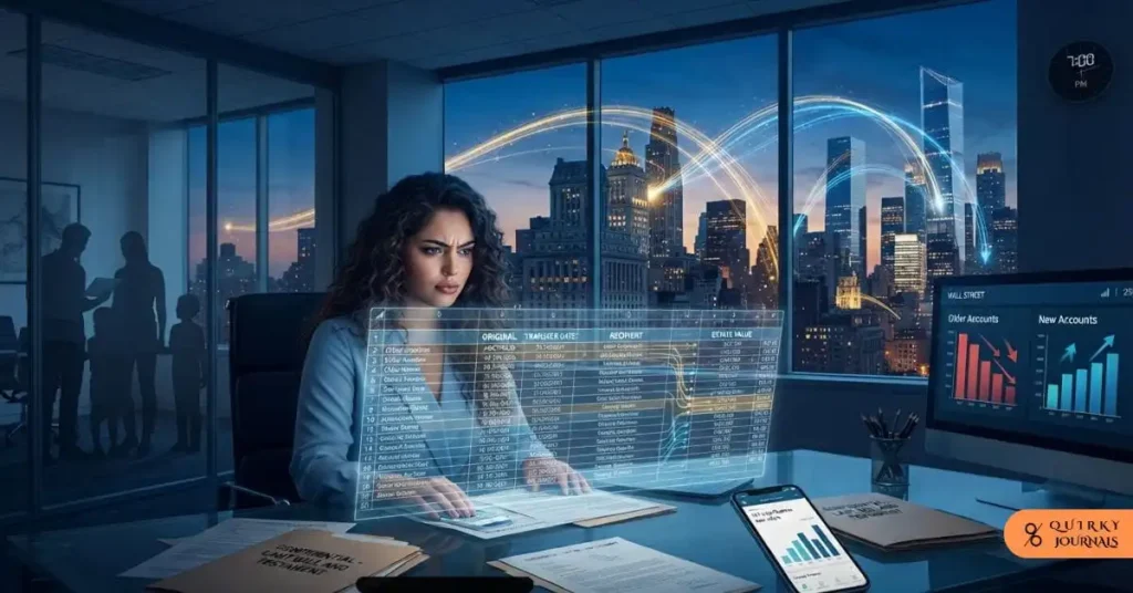 A cinematic editorial illustration of a Wall Street office at dusk, with a stressed wealth advisor staring at a client-transfer spreadsheet as assets visually flow from one generation to another across a city skyline. Include subtle signs of inheritance and demographic change: estate documents, family silhouettes, smartphones, and shifting portfolio charts. Use a polished financial-magazine style with deep blues, gold highlights, and a sense of quiet urgency, 16:9 aspect ratio, ideal for an article about the Great Wealth Transfer and Wall Street.
