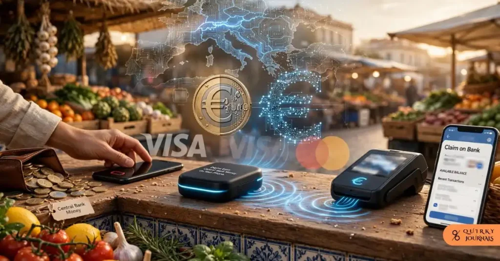 A polished editorial illustration of a European market stall in Lisbon where a shopper pays with a phone that still works offline, while cash, bank cards, and digital payment icons appear as layered options around them. In the background, show the European Central Bank, modern payment rails, and subtle tension between convenience, privacy, and financial sovereignty. Use a clean, contemporary style with deep blue, silver, and warm Mediterranean accents, 16:9 aspect ratio, ideal for an article about the digital euro and what it changes.