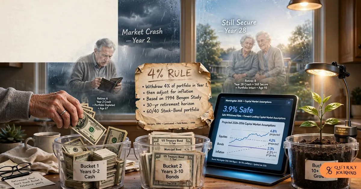 A cinematic editorial illustration in 16:9. A retirement kitchen table at dawn. Center: an old 1994 chart laminated and curling at edges showing “4% RULE” in faded marker, next to a modern 2026 tablet showing “Morningstar 3.9% Safe” with forward-looking capital market assumptions graph.