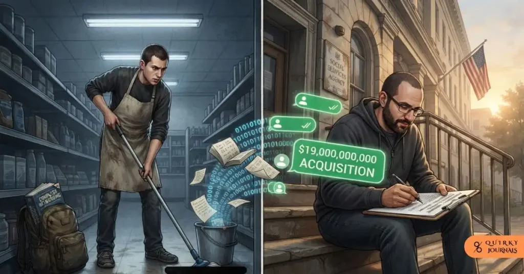 A cinematic editorial illustration in 16:9. Split-frame composition: On the left, a 16-year-old Jan Koum mops a grocery store floor at night, a worn computer networking manual sticking out of his backpack, cold fluorescent lights overhead. On the right, adult Koum in a hoodie signs acquisition papers on the steps of a weathered government welfare office — the same building, aged 20 years. The two scenes are connected by a trail of glowing binary code and used book pages transforming into WhatsApp message bubbles that rise and become $19B in wire transfer text. Background shows a subtle gradient from bleak, desaturated blue-gray to warm sunrise gold. Style: hyper-real digital painting, photojournalistic lighting, high emotional contrast, magazine cover quality. Shallow depth of field on the document. Negative space top-right for headline